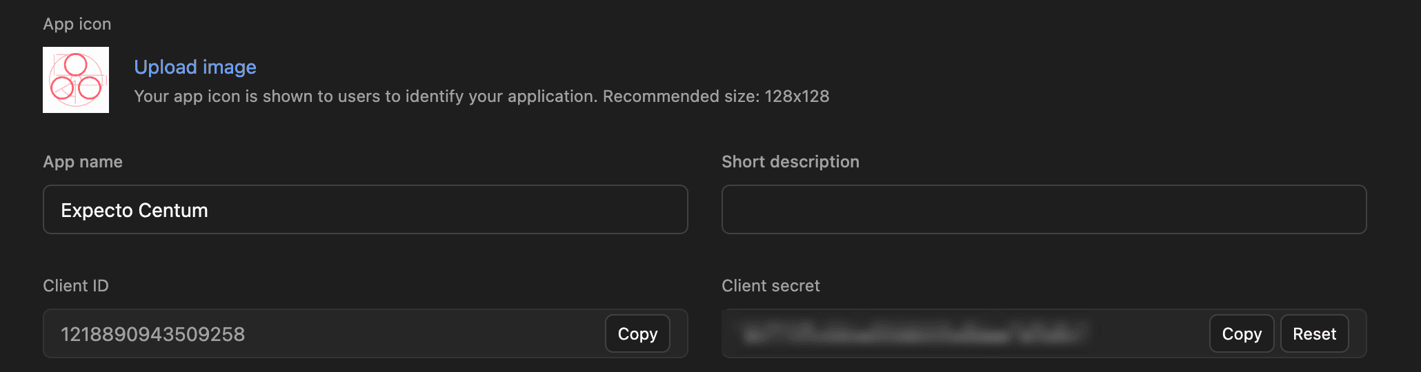 The Basic information tab of an Asana app, showing the app name and the Client ID and Client secret fields, each with a Copy button.