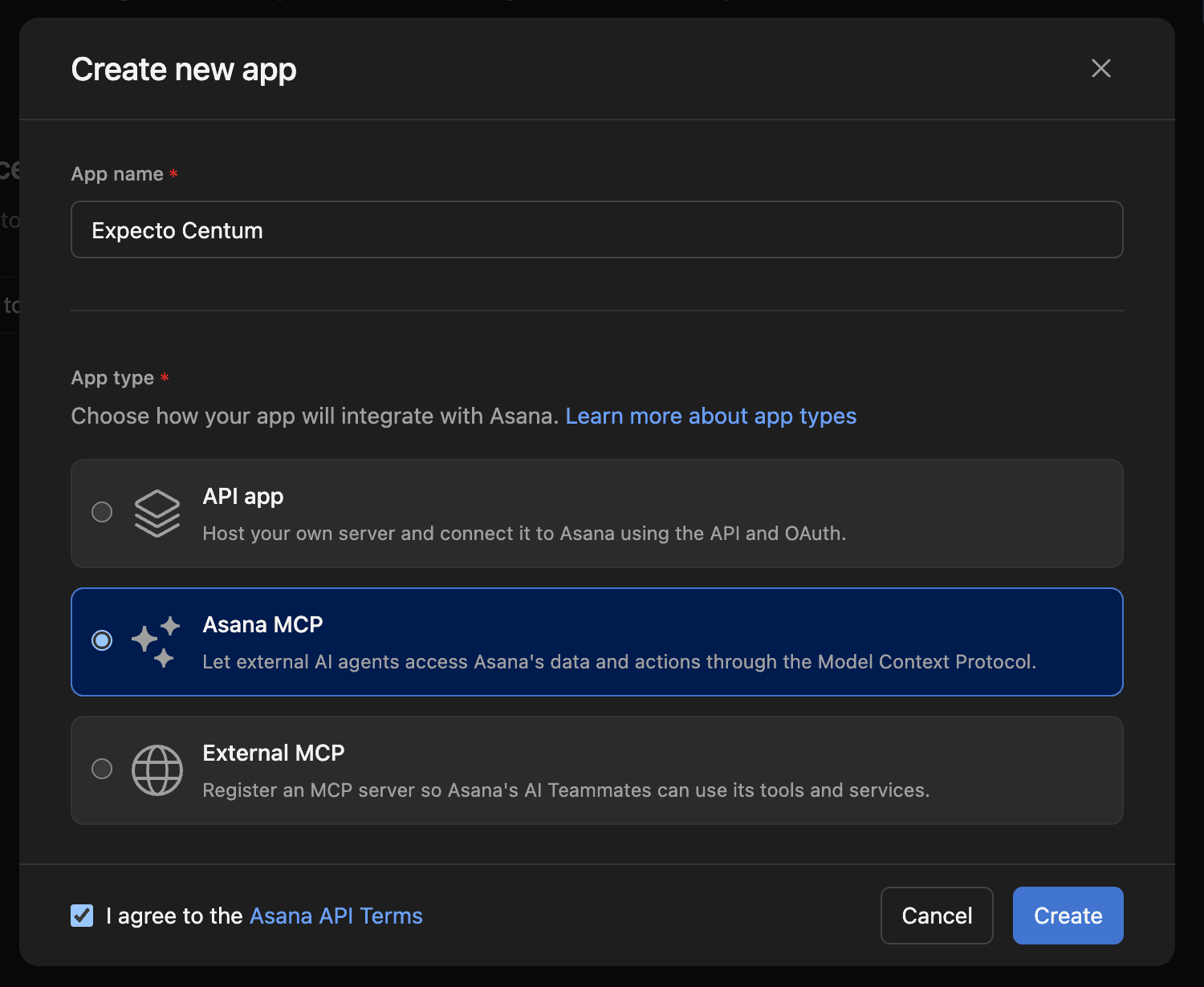 Asana's Create new app dialog, with App name set to Expecto Centum, the Asana MCP app type selected, and the Asana API Terms box ticked.