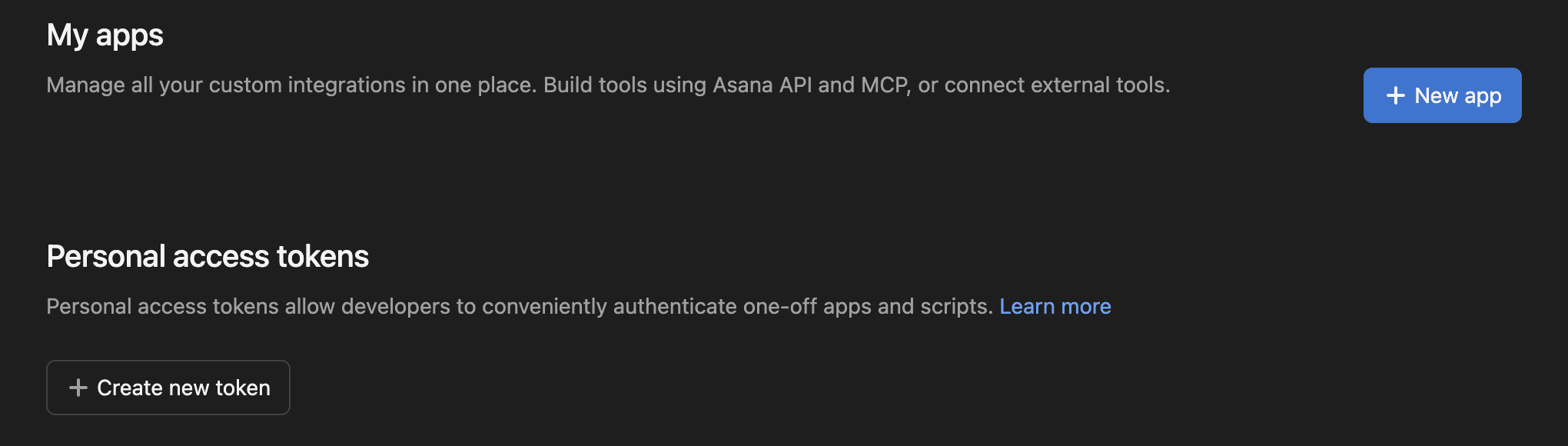 Asana's My apps page, with a New app button to the right of the heading and a Personal access tokens section below.