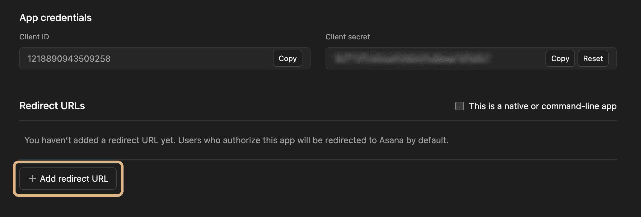 The OAuth tab of an Asana app, showing the App credentials fields and the Redirect URLs section, with the Add redirect URL button highlighted.