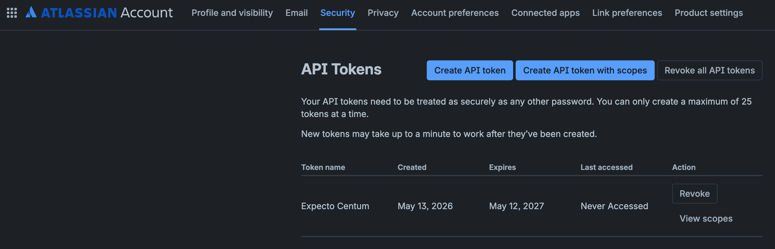Atlassian Account API Tokens page showing the Create API token, Create API token with scopes, and Revoke all API tokens buttons, with an Expecto Centum token listed below.