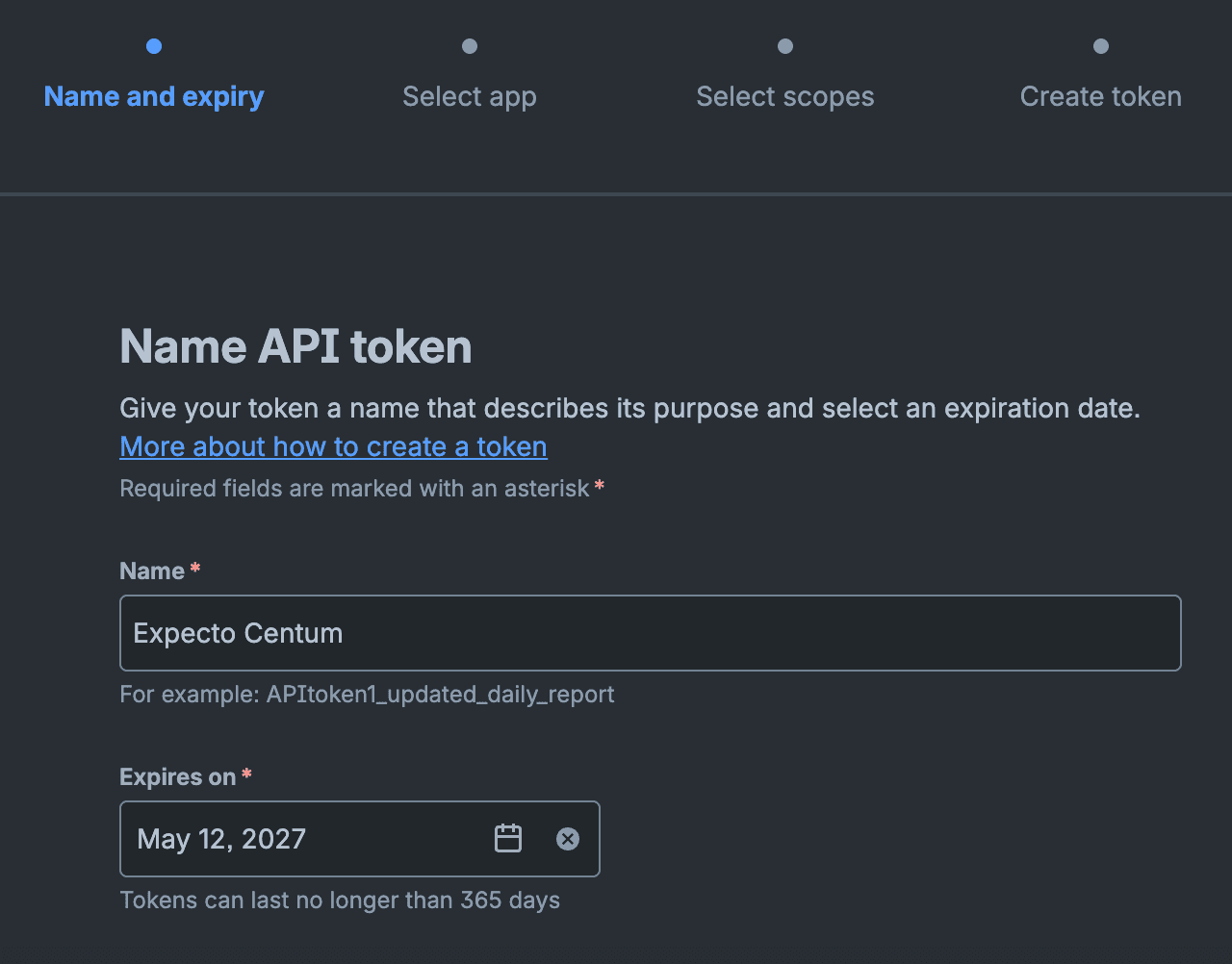 Atlassian API token wizard, Name and expiry pane, with Name set to Expecto Centum and Expires on set to May 12, 2027.