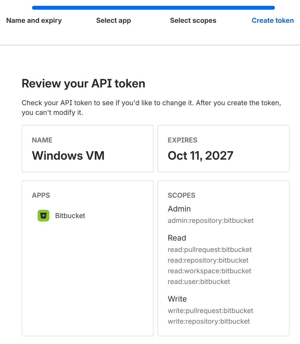 Atlassian API token wizard, Review your API token pane, showing the token name Windows VM, an expiry of Oct 11, 2027, the Bitbucket app, and the seven selected admin, read and write scopes.