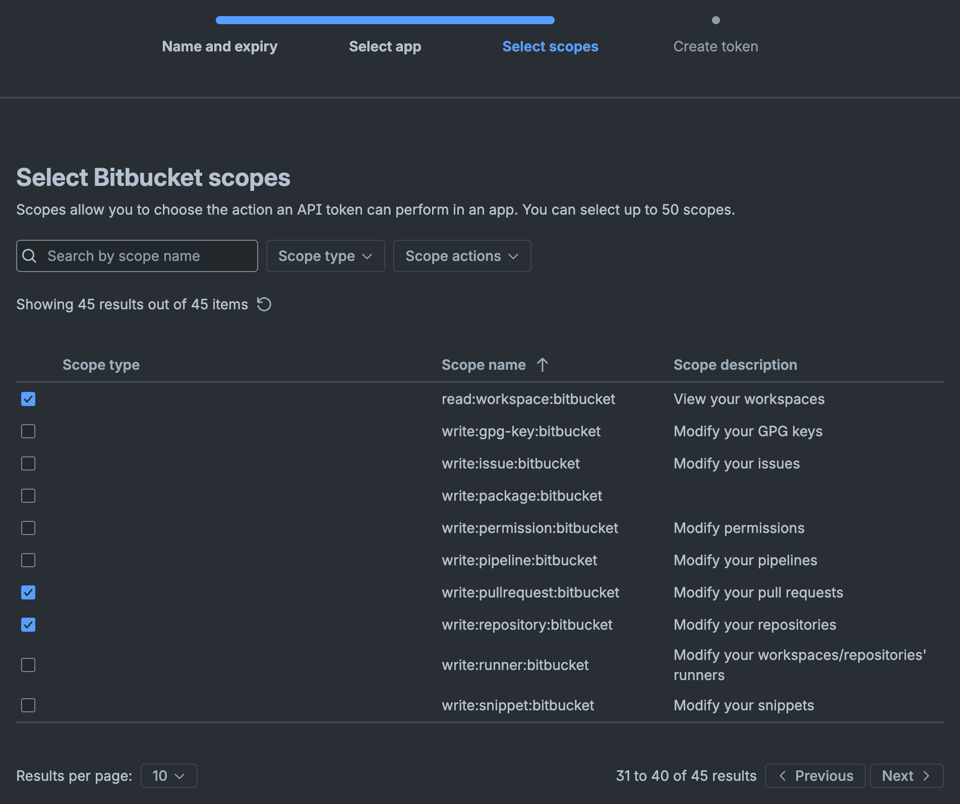 Atlassian API token wizard, Select Bitbucket scopes pane, with read:workspace:bitbucket, write:pullrequest:bitbucket, and write:repository:bitbucket checked among the write scopes.