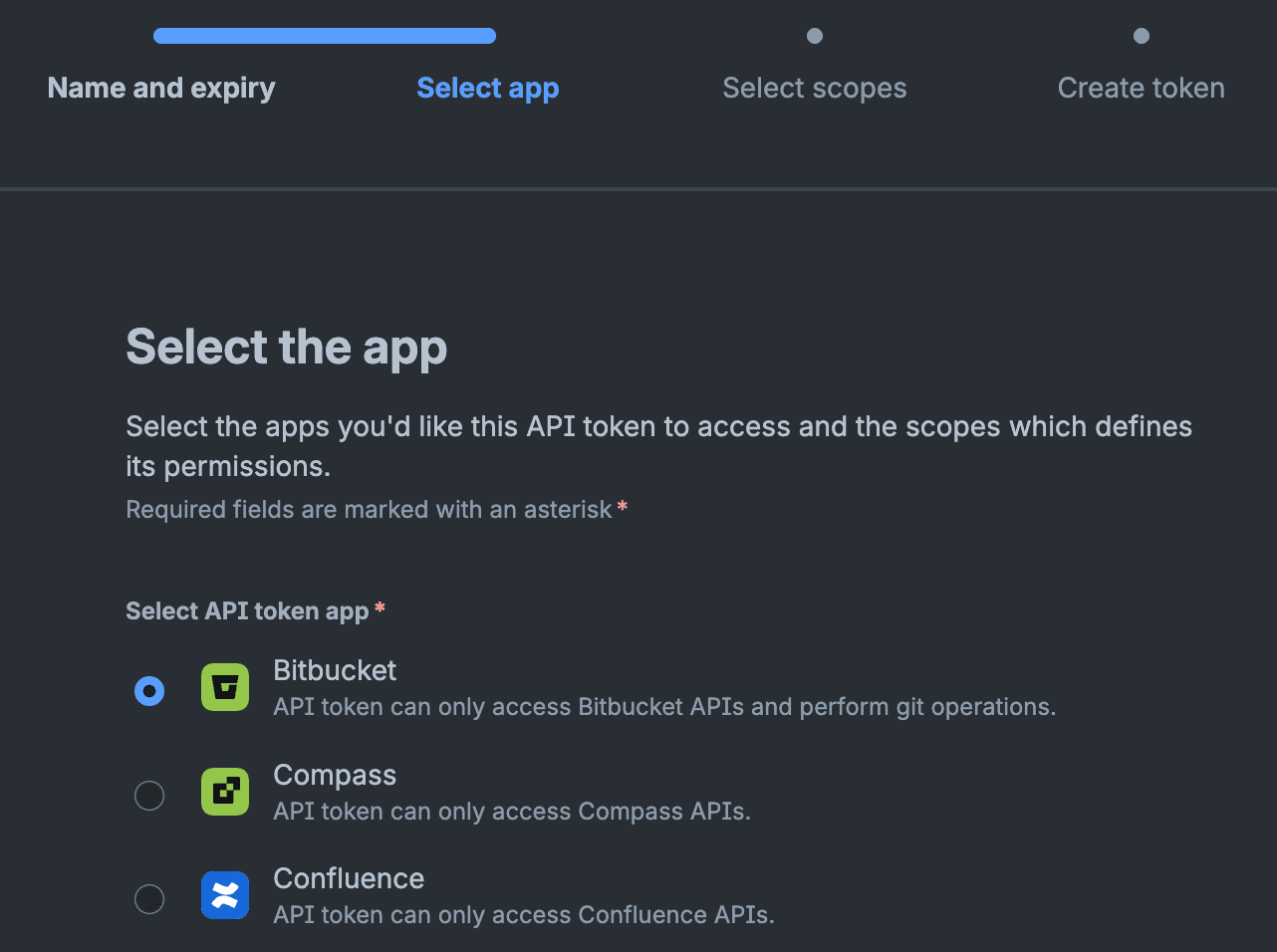 Atlassian API token wizard, Select app pane, with Bitbucket selected as the API token app from a list that also includes Compass and Confluence.