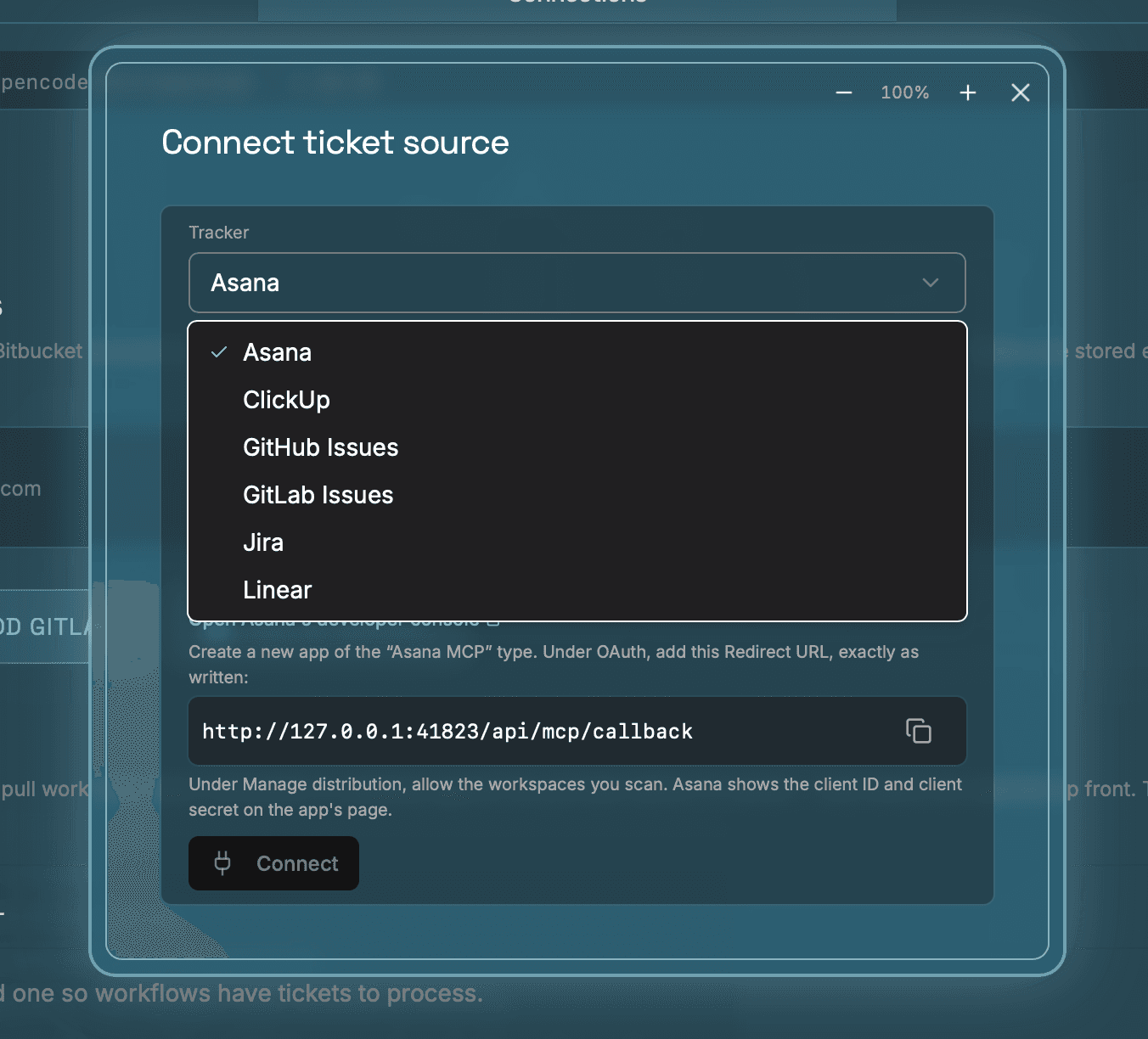 The Connect ticket source dialog in Expecto Centum, with the Tracker dropdown open showing Asana, ClickUp, GitHub Issues, GitLab Issues, Jira, and Linear.