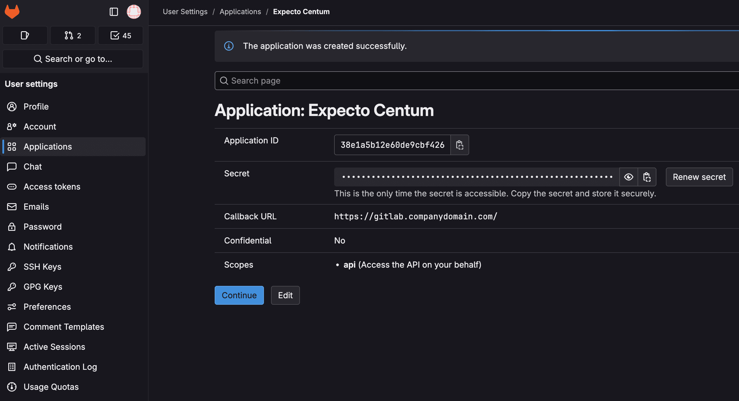 GitLab confirmation page reading The application was created successfully, with the Application ID, masked Secret, Callback URL, Confidential set to No, and the api scope listed.