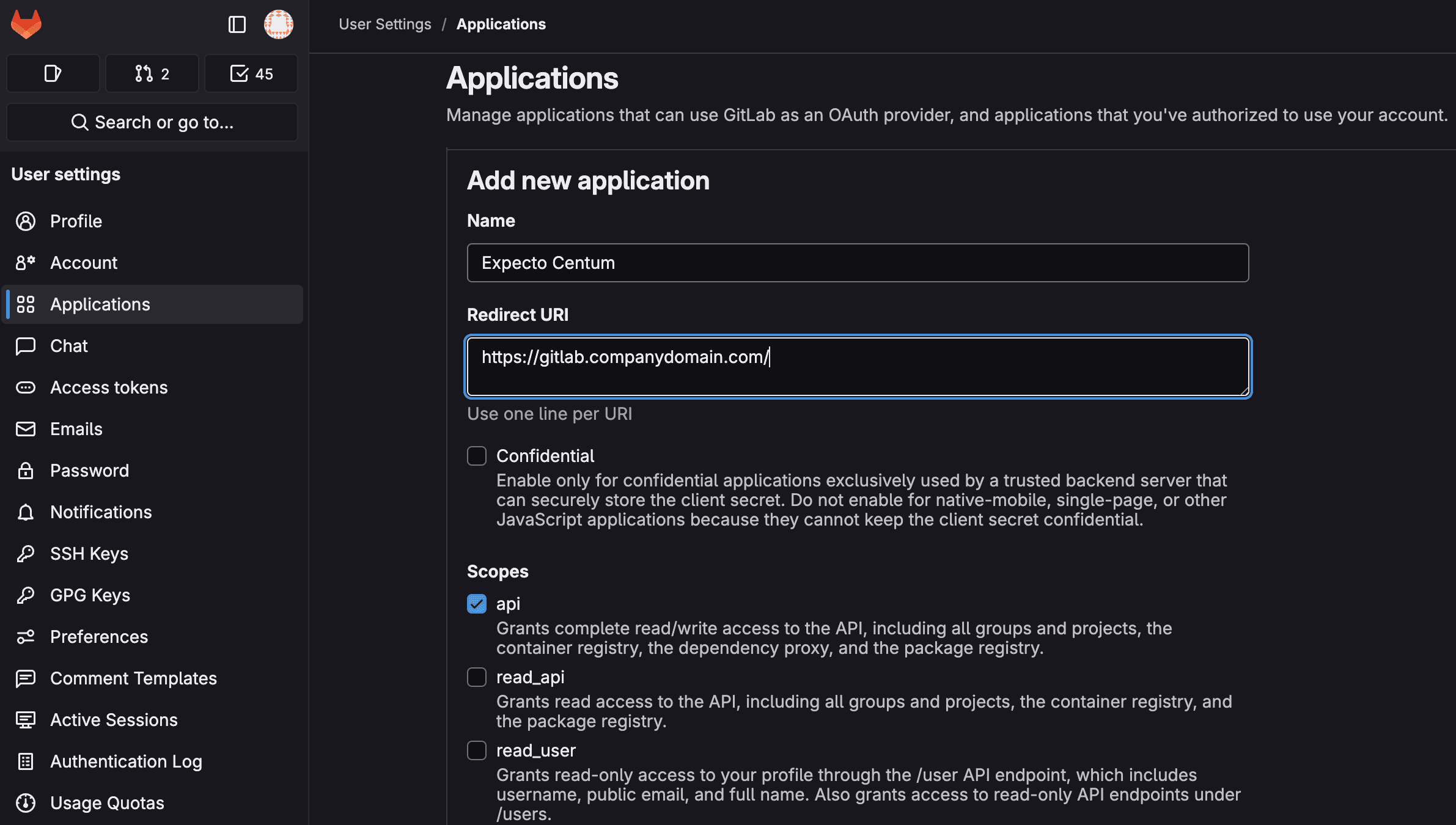 GitLab User Settings → Applications page showing the Add new application form with Name, Redirect URI, Confidential unchecked, and the api and read_user scopes selected.